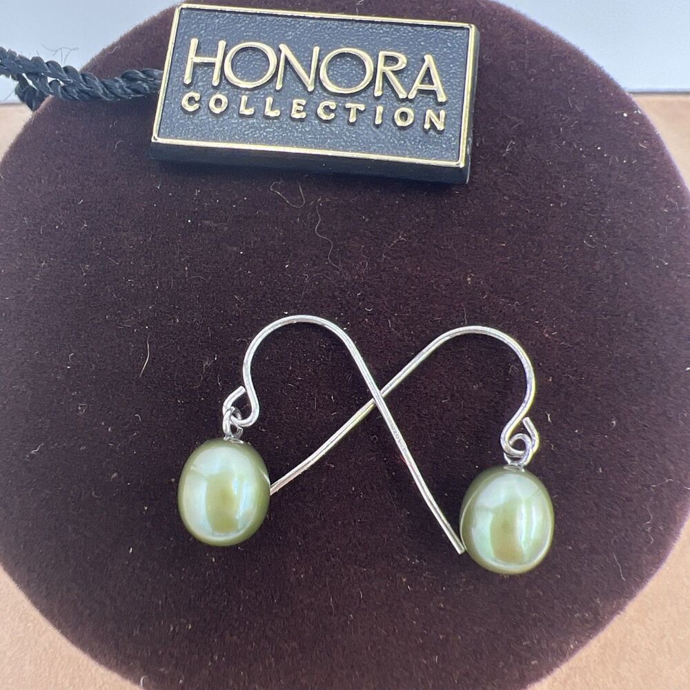 Honora Pearl Earrings Sterling Silver Pearl Green Dangle Wire Minimalist Dainty